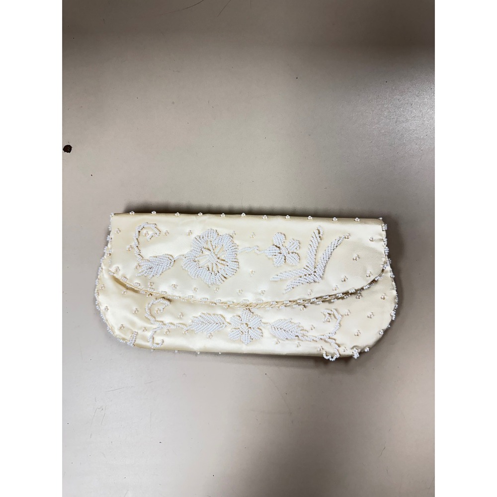 Vintage Cream Satin Beaded Floral Evening Clutch Bag Faux Pearl Wedding Formal